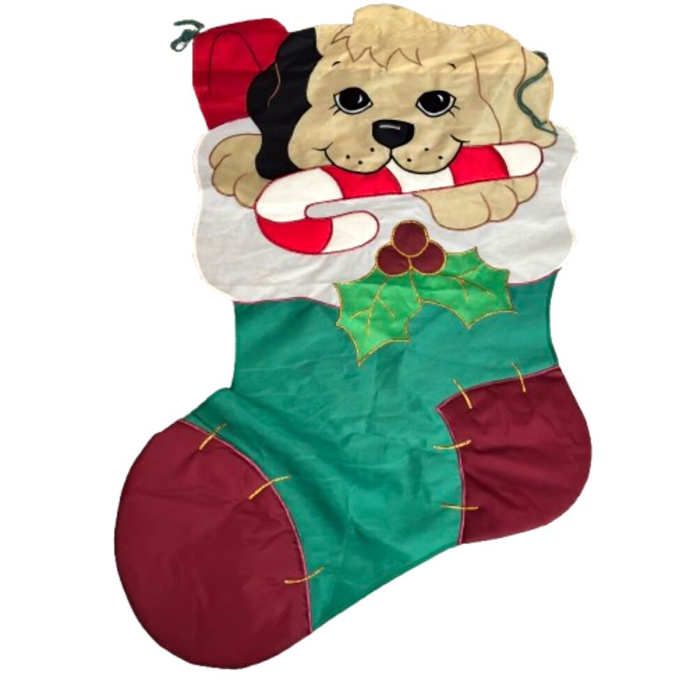 Vintage Nylon Gold Embroidered Applique Cut Out 24"x43"Puppy Christmas Flag
